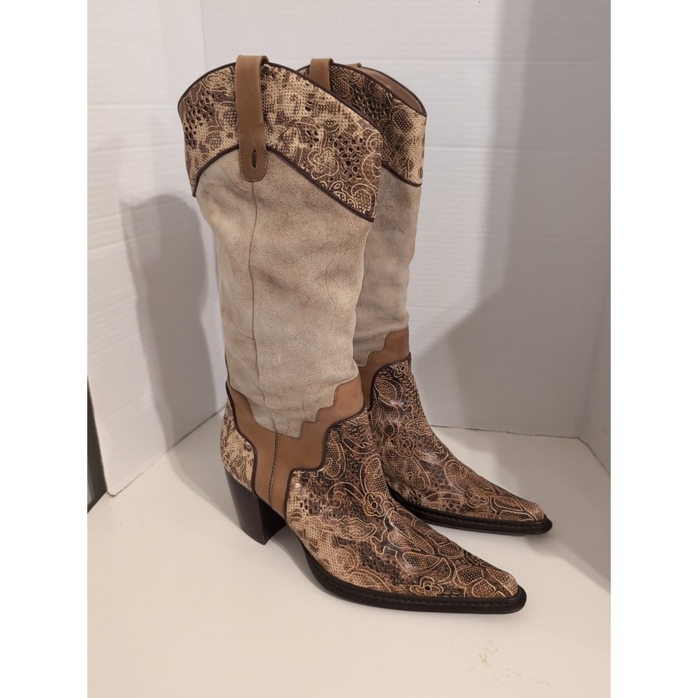 Glory Chen Vero Cuoio Leather‎ Suede Embossed Western Boots Women's Size 10M